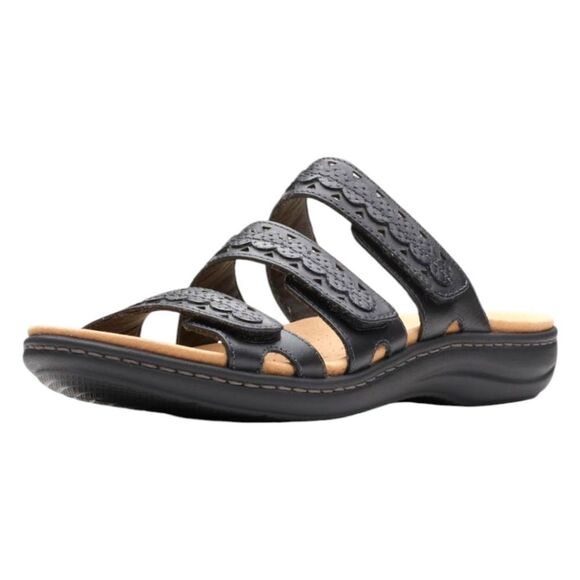 CLARKS COLKECTION Black Leather LAURIEANN Cove Ajustable Velcro Flat Sandals 9W - Picture 7 of 14